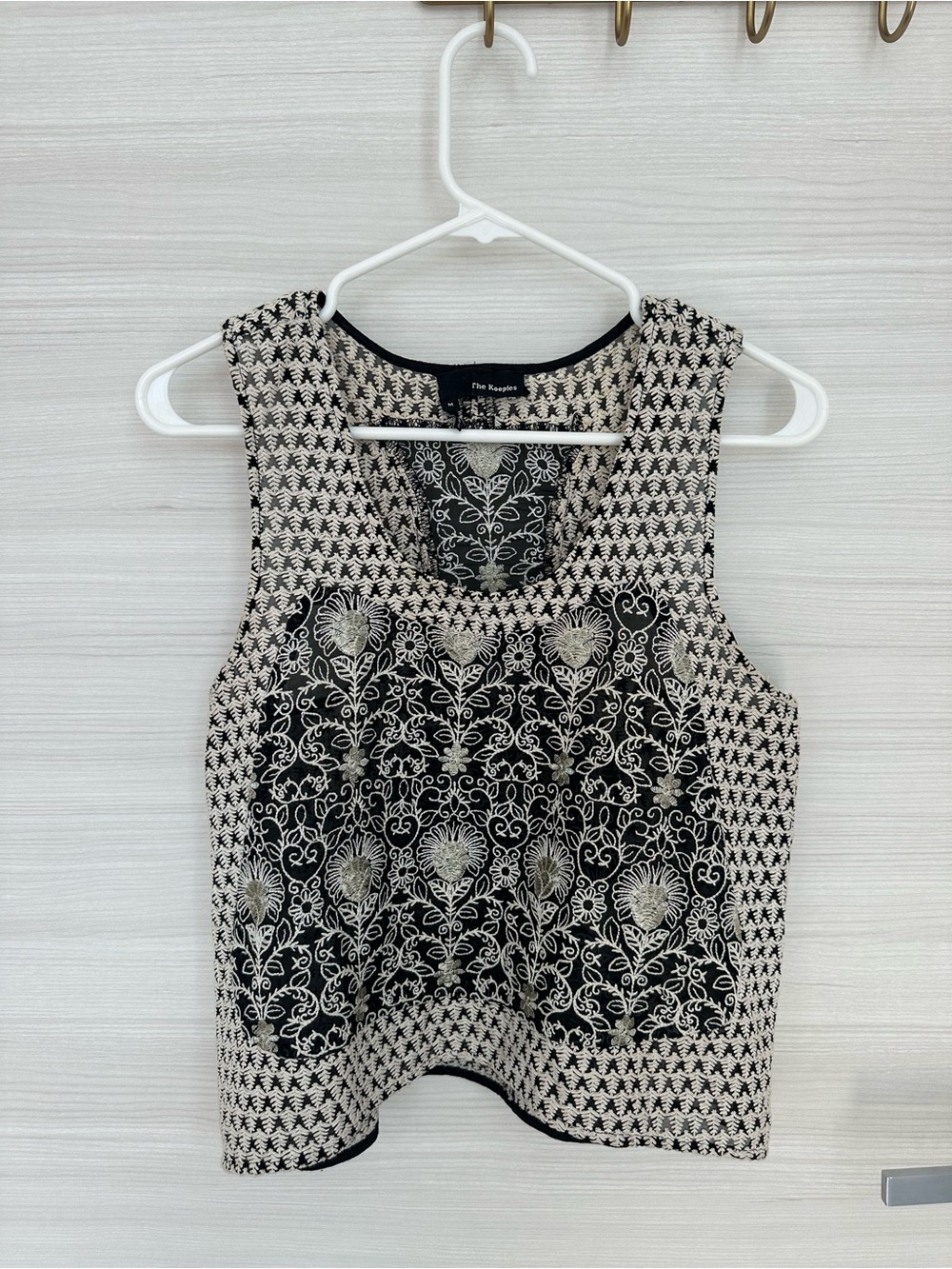 The Kooples Black and Cream Embroidered Floral Sleeveless Top